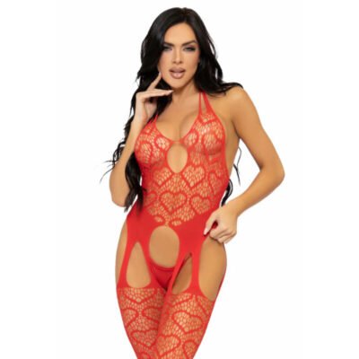 Leg Avenue - Bodystocking Jarretelles En Filet Taille Unique - Rouge | SexDelice