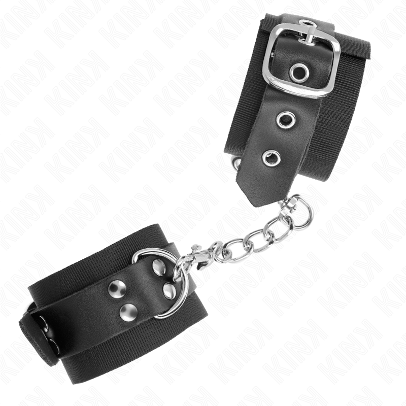 Kink - Appui-Poignets En Nylon Noir Avec Ceinture En Cuir Noir Ajustable 19-29 CM X 5,1 CM | SexDelice – Image 3