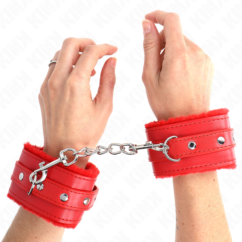 KINK - APPUI-POIGNETS DOUBLÉS DE FOURRURE PREMIUM ROUGE AVEC CEINTURE ROUGE RÉGLABLE 17-29 CM X 6 CM – Image 5