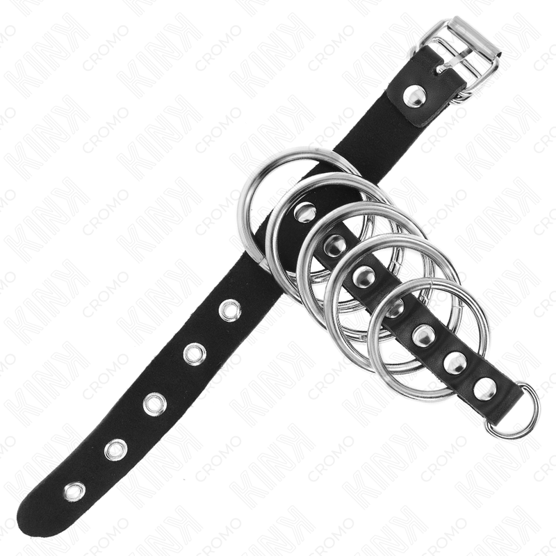 KINK - ANNEAU PÉNIS EN CUIR AVEC SANGLE DE VERROUILLAGE 21 X 2 CM ET 5 ANNEAUX MÉTALLIQUES DE 3 CM À 4 CM – Image 5