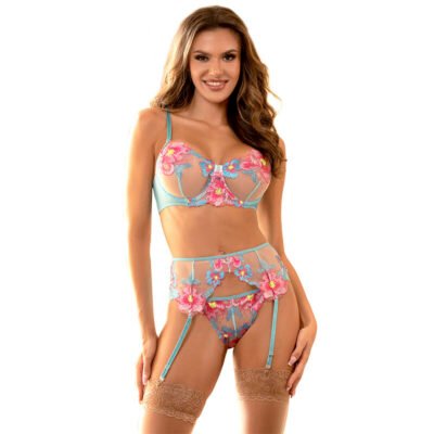 Subblime - 954109 Soutien-Gorge + Culotte Avec Porte-Jarretelles Motif Floral Bleu S/m | SexDelice