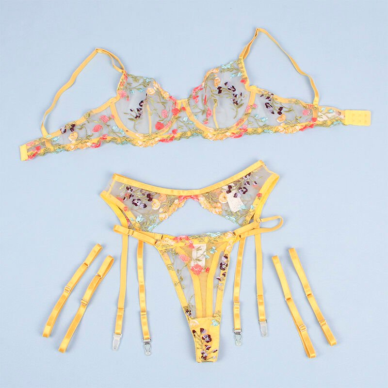 Subblime - 954345 Soutien-Gorge + String + Porte-Jarretelles Motif Floral Jaune S/m | SexDelice – Image 8