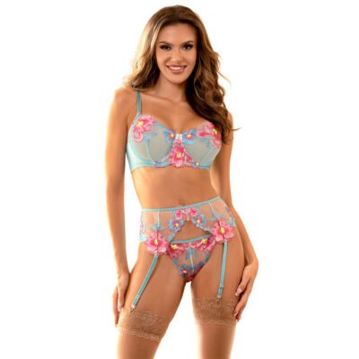 Subblime - 957643 Ensemble Soutien-Gorge Et Porte-Jarretelles Brodé Fleurs Rose S/m | SexDelice